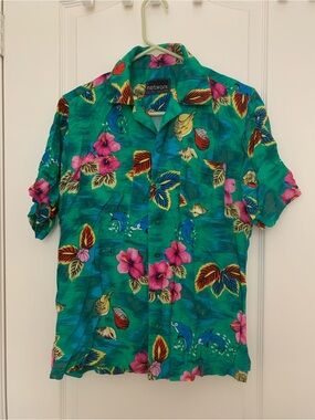Vintage 90s Network Rayon Hawaiian Shirt Tropical Dolphins Flower EUC Medium